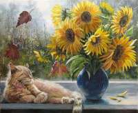 Без бренда «Подсолнухи в синей вазе возле кота» в Мурманске в интернет-магазине  Без бренда «Подсолнухи в синей вазе возле кота» в Мурманске