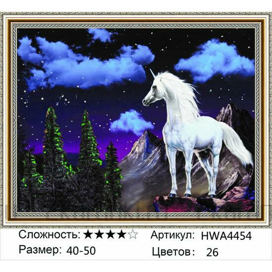 Алмазная мозаика 40x50 Единорог с видом на ночные горы