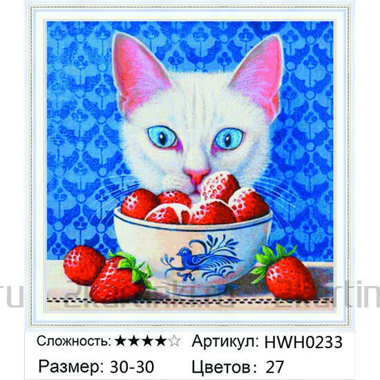 Алмазная мозаика 30x30 Белый кот и клубника со сливками