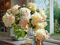 Без бренда «Ваза с букетом белых пионов у окна» в Мурманске в интернет-магазине  Без бренда «Ваза с букетом белых пионов у окна» в Мурманске