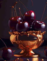 Красная черешня в золотой пиалке