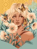 Блондинка среди цветов и бабочек