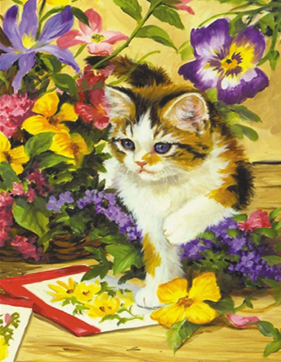 Алмазная мозаика 40x50 Милый котёнок среди летних цветов