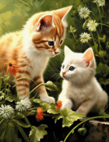 Рыжий и белый котята в зеленой траве