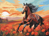 Конь бежит по маковому полю на закате