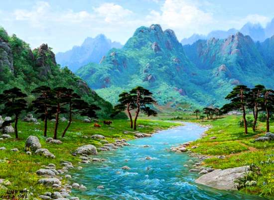 Картина по номерам 40x50 Весенняя река в горной долине